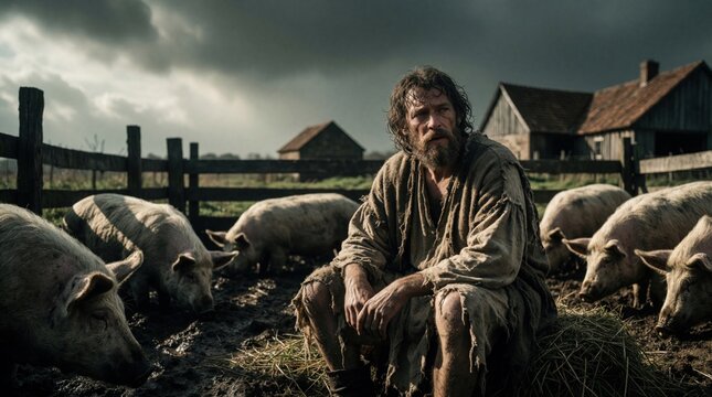 Man in rags sits in pigsty with swine. Dirty, disheveled, he looks out with despair. His worn clothes and surroundings signify extreme poverty and regret.