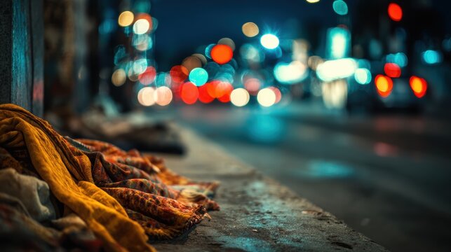 Homeless person wrapped in old blankets on a cold city sidewalk at night. Powerful image for social issues and poverty awareness.