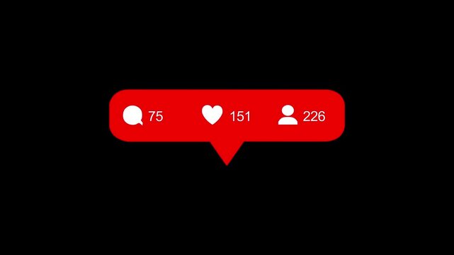 Social network user interface quick increase. Red social media icons with animated likes, followers, comments. Social network counters with counting numbers.4k