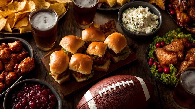Thanksgiving football party spread with sliders, wings, and beer