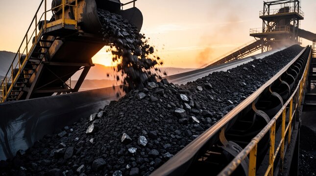 Coal lumps move on conveyor belt at mining site. Industrial machinery transports fuel for power generation at sunset. Heavy equipment processes raw mineral resource.
