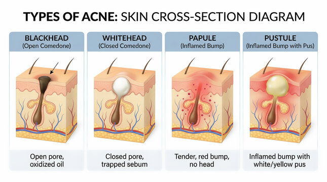 Medical infographic showing four types of acne in skin cross-section: blackhead, whitehead, papule and pustule, with detailed illustrations of pores, sebaceous glands, inflammation and skin layers.