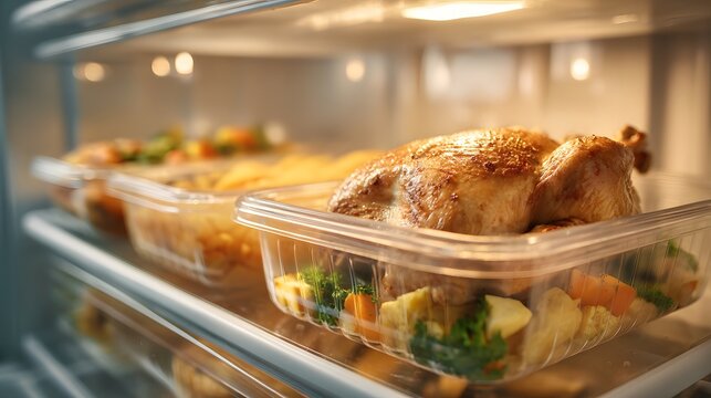 Thanksgiving leftover turkey stored neatly in transparent food containers inside a refrigerator