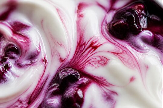 Blueberry swirl yogurt mixing with cream in closeup