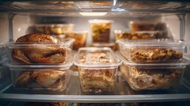 Thanksgiving turkey leftovers neatly stored in clear plastic containers inside a refrigerator