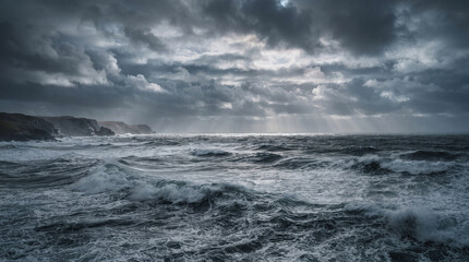 Fototapeta premium Dramatic Storm Clouds and Windy Waves Over a Rugged Ocean Coastline