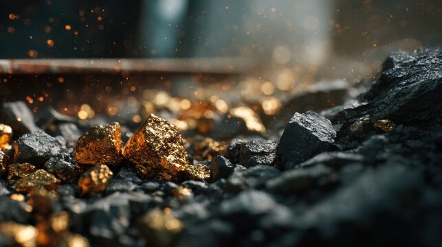 Raw gold nuggets resting among dark coal rocks with glowing dust particles. Valuable mineral extraction concept for mining and investment.