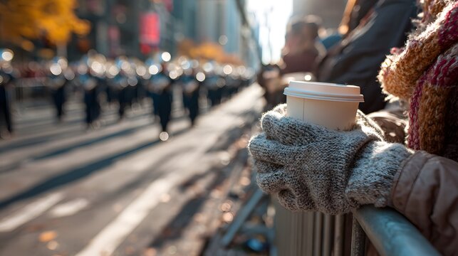 Spectator in knitted gloves holds hot coffee cup watching a distant parade
