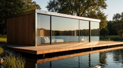 Fototapeta premium Modern minimalist container home with large glass walls sits on wooden deck over calm lake water. Luxury tiny house architecture features eco design, scenic waterfront view. Contemporary prefab villa