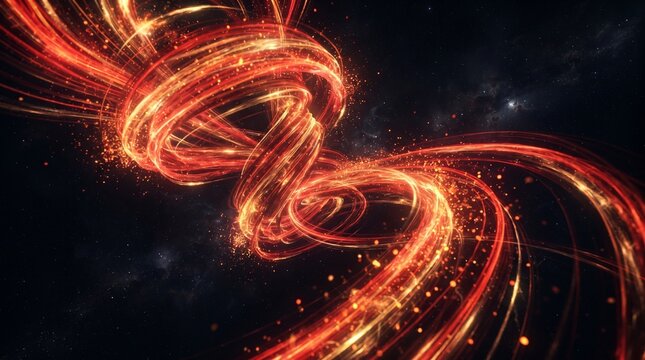 Cosmic Energy Stream: A swirling vortex of fiery orange and red light trails, speckled with glowing particles, evokes a sense of powerful cosmic energy in the vastness of space.