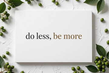 Obraz premium Minimalist white card with inspirational quote less text. Green leaves, berries frame center. Simple aesthetic design for mental well-being, mindfulness, lifestyle motivation. Calm composition for