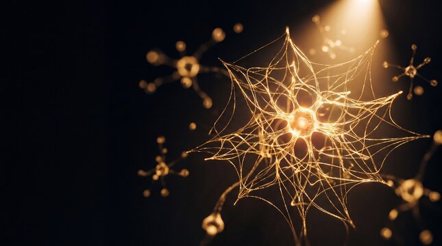 Neuroscience visualization, a radiant golden neuron web floats in deep space, surrounded by glowing synapses