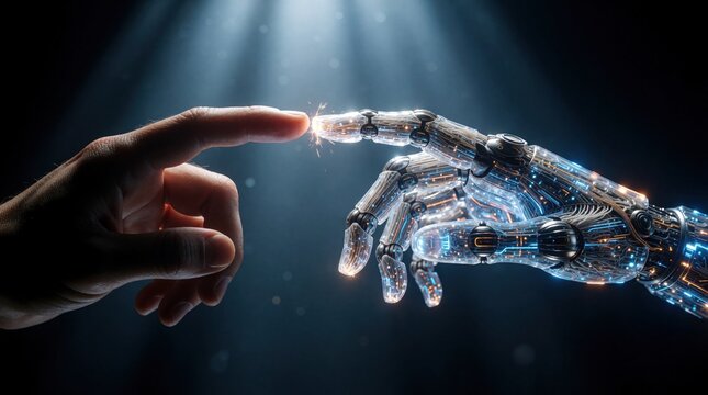 Human finger touches robotic hand circuit. Futuristic connection sparks, symbolizing AI integration. Tech and humanity merge in digital evolution, creating new possibilities and growth.