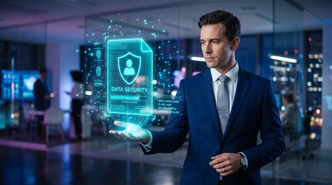 Hands manipulating a stack of digital tech cubes featuring a padlock with a green checkmark for cybersecurity