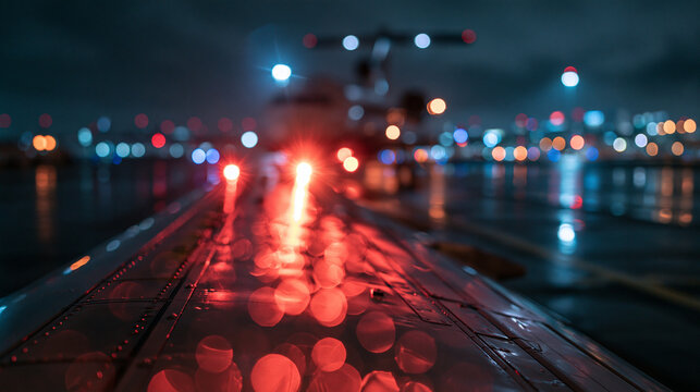 Airplane Wing and Blurred Airport Lights on Rainy Night