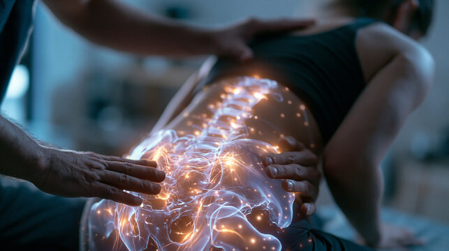 Physiotherapist Examining Patient Spine with Glowing Anatomy Visualization