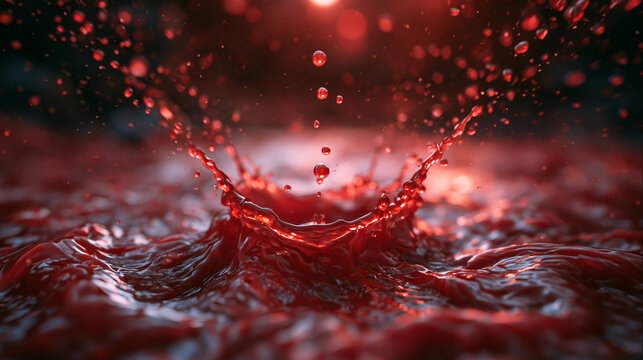 Dynamic Red Liquid Splash with Crown Form and Droplets