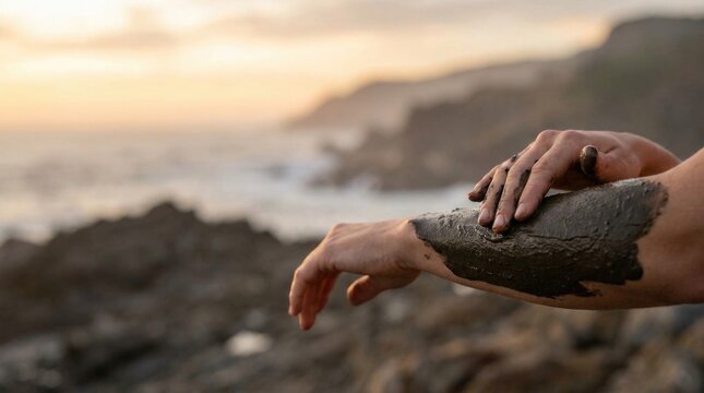 Mud pack application on human arm, natural skincare treatment at rocky ocean coast during golden sunset hour, wellness body therapy using mineral rich organic clay mask.