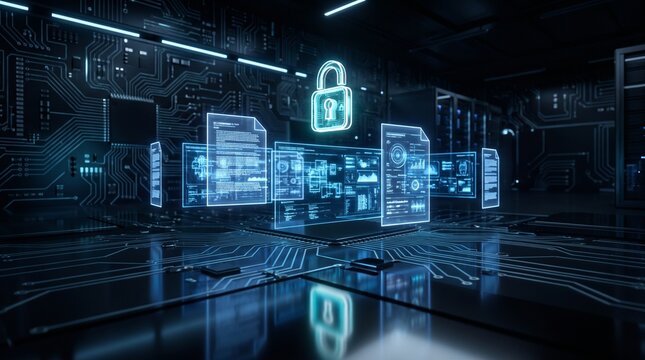 High speed digital data encryption concept featuring a glowing padlock with dynamic light trails on a dark background