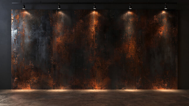 Dark Industrial Rusty Wall Background with Overhead Spotlights