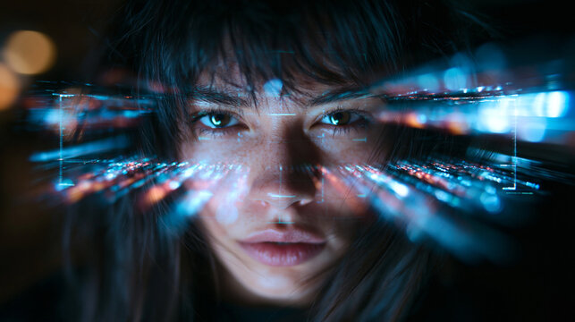 Woman Looking Through Futuristic Holographic Data Interface Overlay