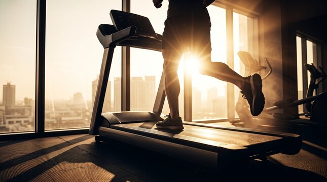 Man Running on Treadmill in Gym at Sunset