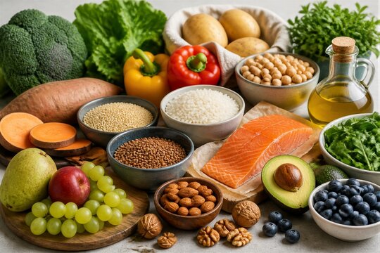 Assorted healthy foods arranged on kitchen countertop display