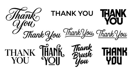 Fototapeta premium Various black thank you text designs including script and bold fonts for messages