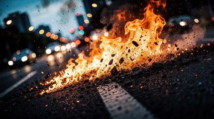 Obraz premium Intense fire eruption bursts across city asphalt road. Bright orange flames, flying debris scatter near street markings. Nighttime urban traffic with blurred car lights creates dramatic atmosphere.