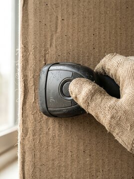 A worker in protective work gloves scans a barcode on a cardboard shipping box using a handheld wireless barcode reader