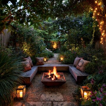 Cozy backyard fire pit area surrounded by lush greenery, wooden benches, soft lantern lighting, intimate evening garden atmosphere