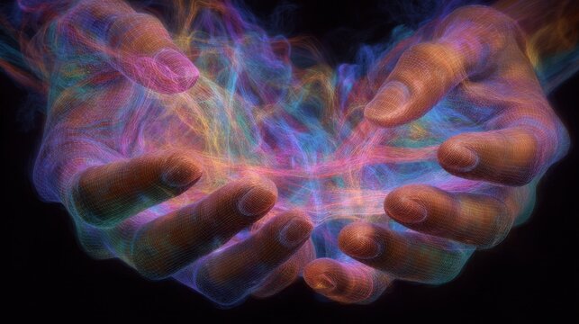 Interconnectedness: A close-up of hands intertwined with colorful energy strands, symbolizing unity, healing, and spiritual connection. A beautiful representation of human bonds and energetic flow.