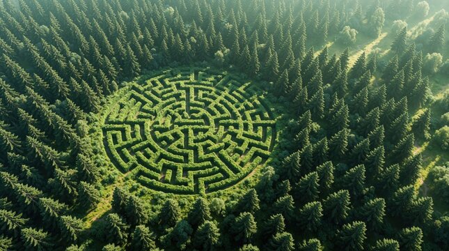 Green hedge maze sits within dense forest seen from above. Circular garden labyrinth offers puzzle and outdoor fun. Trees surround nature pathway challenge.