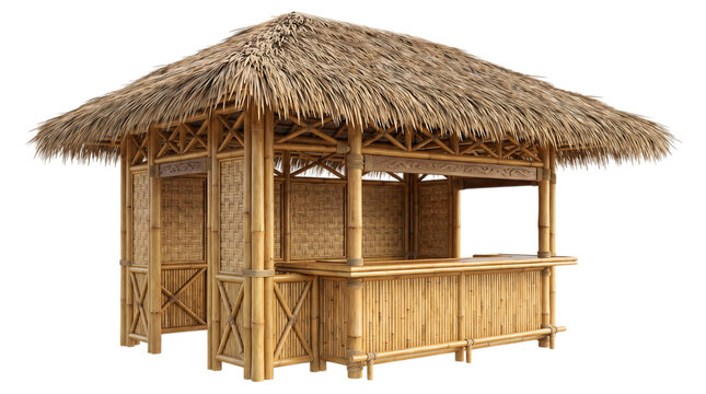 Tropical bamboo tiki bar structure with thatched roof isolated on transparent background
