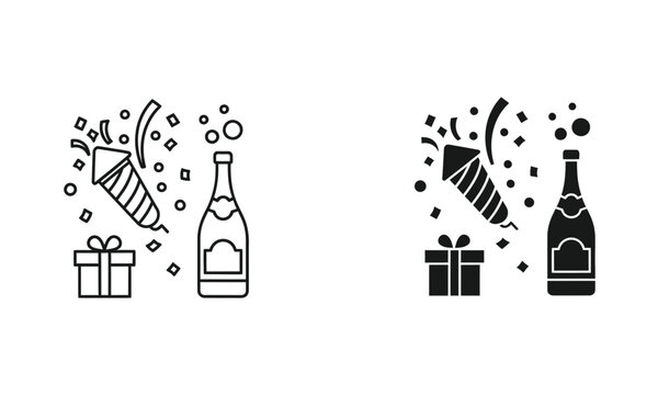 Set of celebration icons featuring champagne bottle firework rocket and gift box in line and solid black styles