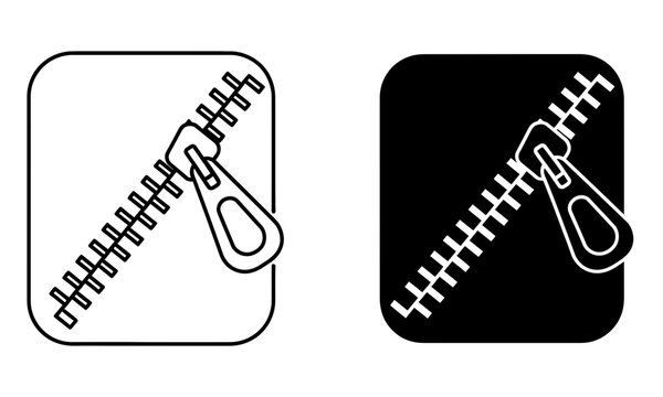 Set of two zipper icons featuring a simple line art design isolated on white and black background