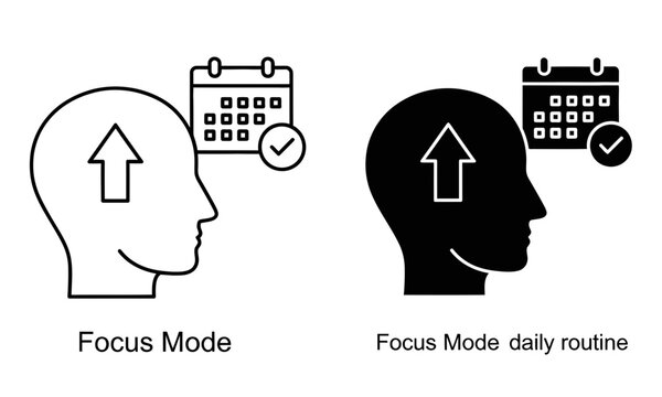 Set of focus mode icons featuring a human head profile with an upward arrow and a calendar with checkmark