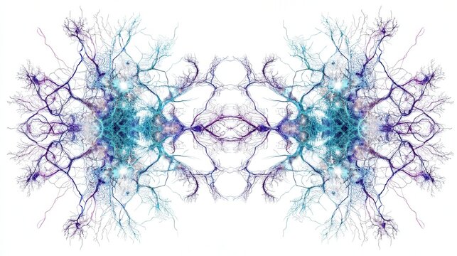 Dandelion Abstract: An abstract, ethereal representation of a dandelion seed head, rendered in striking shades of teal and violet, creating a mesmerizing, symmetrical mandala pattern.