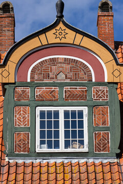 Architectural detail of Anton Rosen House in Tranebjerg Sams&oslash; Island with brickwork and window ornaments