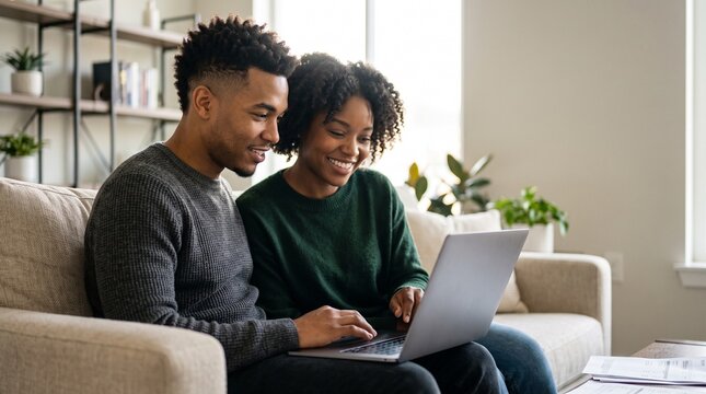 Happy young African American couple sitting on couch using laptop for digital online banking management, personal budget planning, electronic bill payment and home financial management.
