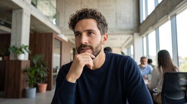Pensive male entrepreneur resting hand on chin contemplating ERP software implementation in modern coworking office space, focused corporate analyst planning enterprise business growth.