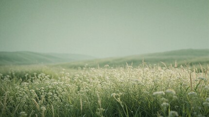 Fototapeta premium Soft green meadow landscape with small white wild flowers. Misty hills under pale sky create calm atmosphere. Minimalist nature background with organic texture. Gentle summer field view for wellness
