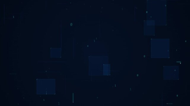 Blue digital binary code and abstract floating square particles looping on a dark background for technology concepts