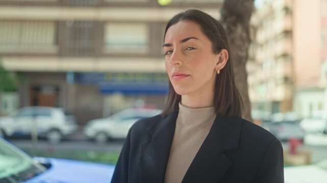 Woman facing camera showing face with neutral gaze and subtle side profile on street near apartment building and parked cars; confidence poise.