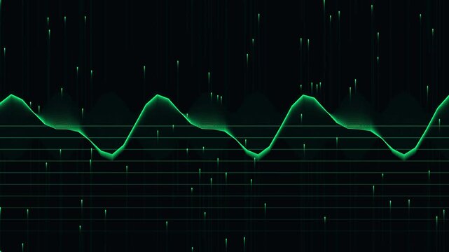 Futuristic green digital audio wave moving on a dark grid background with falling matrix style particles loop