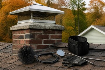Naklejka premium Residential chimney inspection tools arranged beside a clean masonry flue and metal cap for autumn fireplace safety and home service campaigns