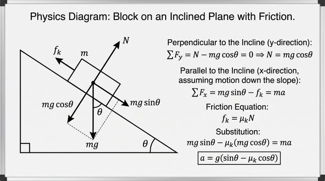 Block of mass 
𝑚
 on incline angle 
𝜃
, forces 
𝑚
𝑔
sin
⁡
𝜃
, 
𝑚
𝑔
cos
⁡
𝜃
, normal 
𝑁
, kinetic friction 
𝜇
𝑘
𝑁
, acceleration 
𝑎
=
𝑔
(
sin
⁡
𝜃
&minus;
𝜇
𝑘
cos
⁡
𝜃
)
.