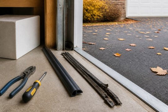 Worn garage door bottom seal replaced with new rubber weatherstrip and tools for draft prevention and seasonal home maintenance campaigns