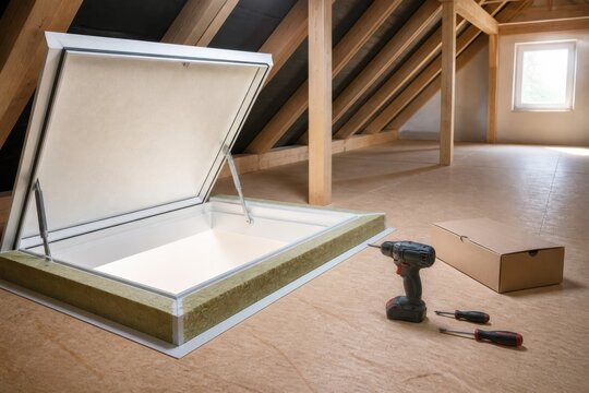 Insulated attic access hatch with sealed edges and service tools for reducing heat loss during residential winter energy upgrades