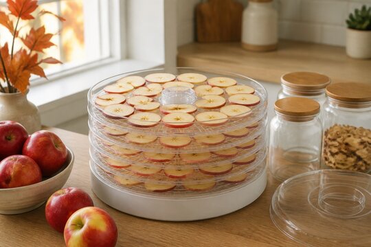 Thin apple slices arranged on stacked food dehydrator trays with fresh fruit for autumn preserving and healthy snack preparation campaigns